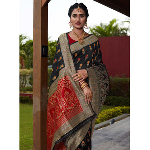Black Festive Wear Woven With Meena Rappier Lichi Silk Saree - Peachmode
