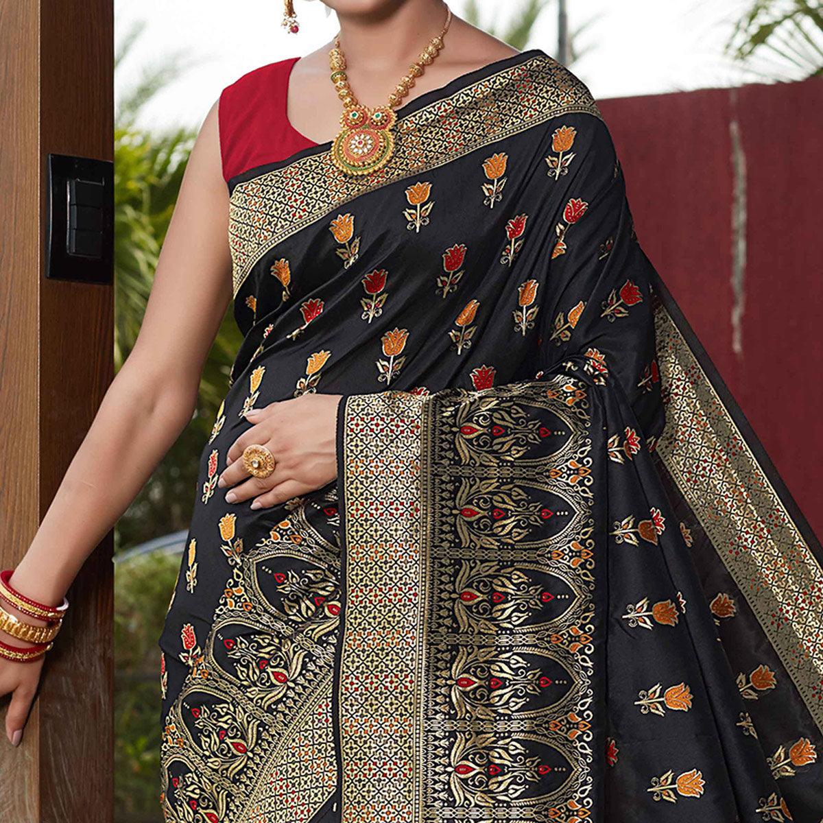 Black Festive Wear Woven With Meena Rappier Lichi Silk Saree - Peachmode