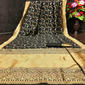 Black Festive Wear Woven Zal Designer Border Soft Lichi Silk Saree - Peachmode