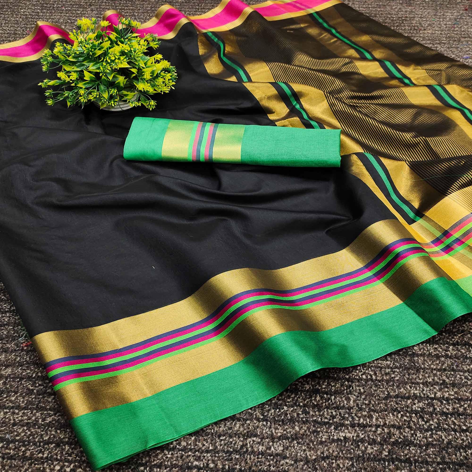 Black Festive Wear Zari Border Cotton Blend Saree - Peachmode
