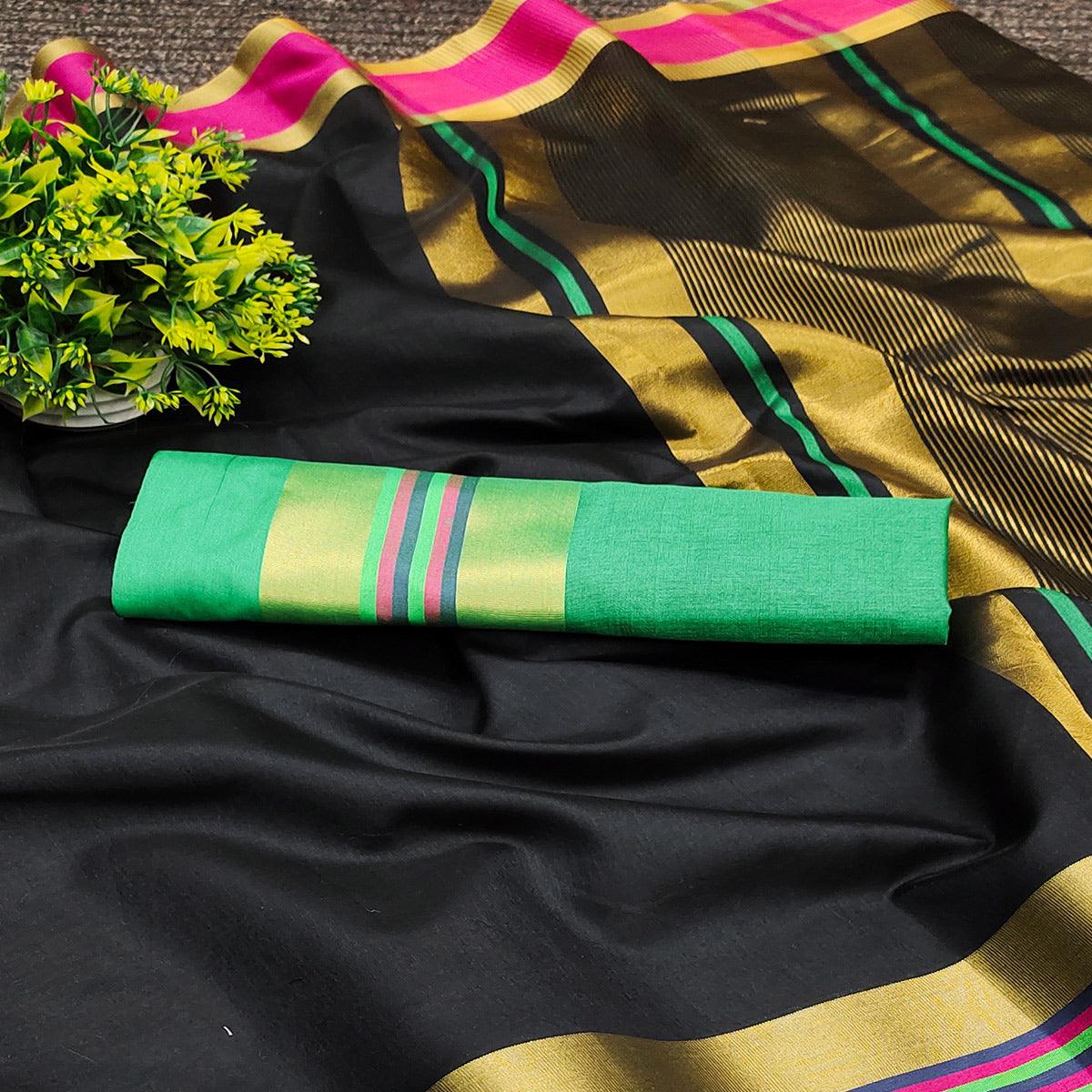 Black Festive Wear Zari Border Cotton Blend Saree - Peachmode
