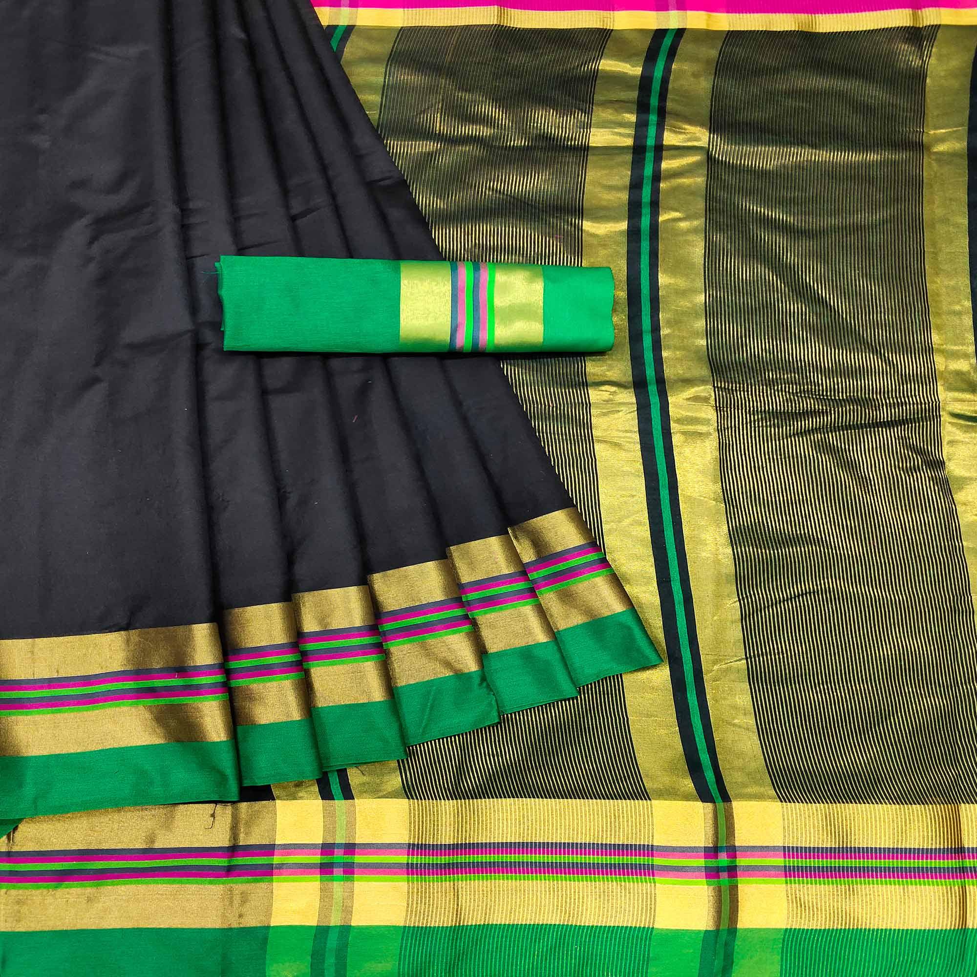 Black Festive Wear Zari Border Cotton Blend Saree - Peachmode