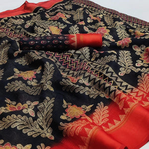 Black Floral Digital Printed Kota Doria Saree - Peachmode