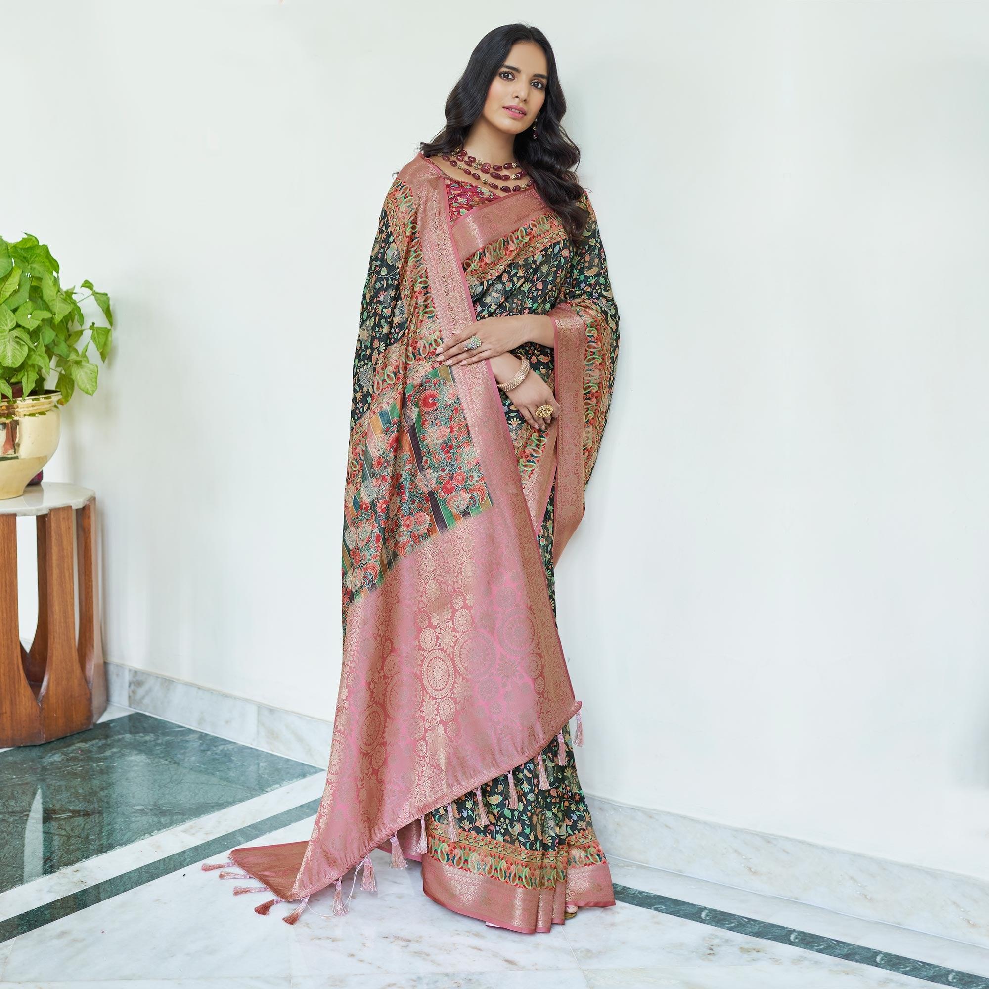 Black Floral Digital Printed With Woven Border Art Silk Saree - Peachmode
