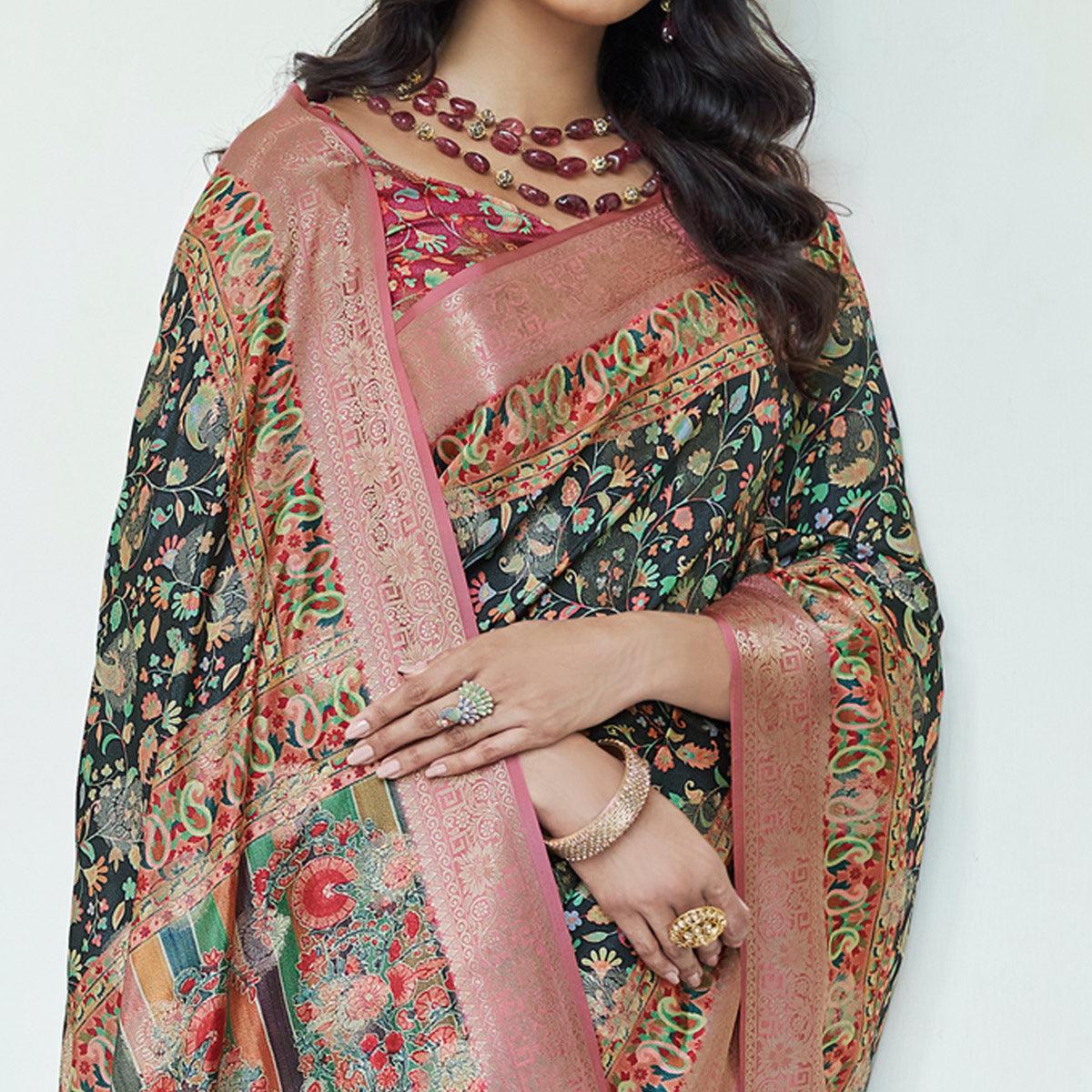 Black Floral Digital Printed With Woven Border Art Silk Saree - Peachmode