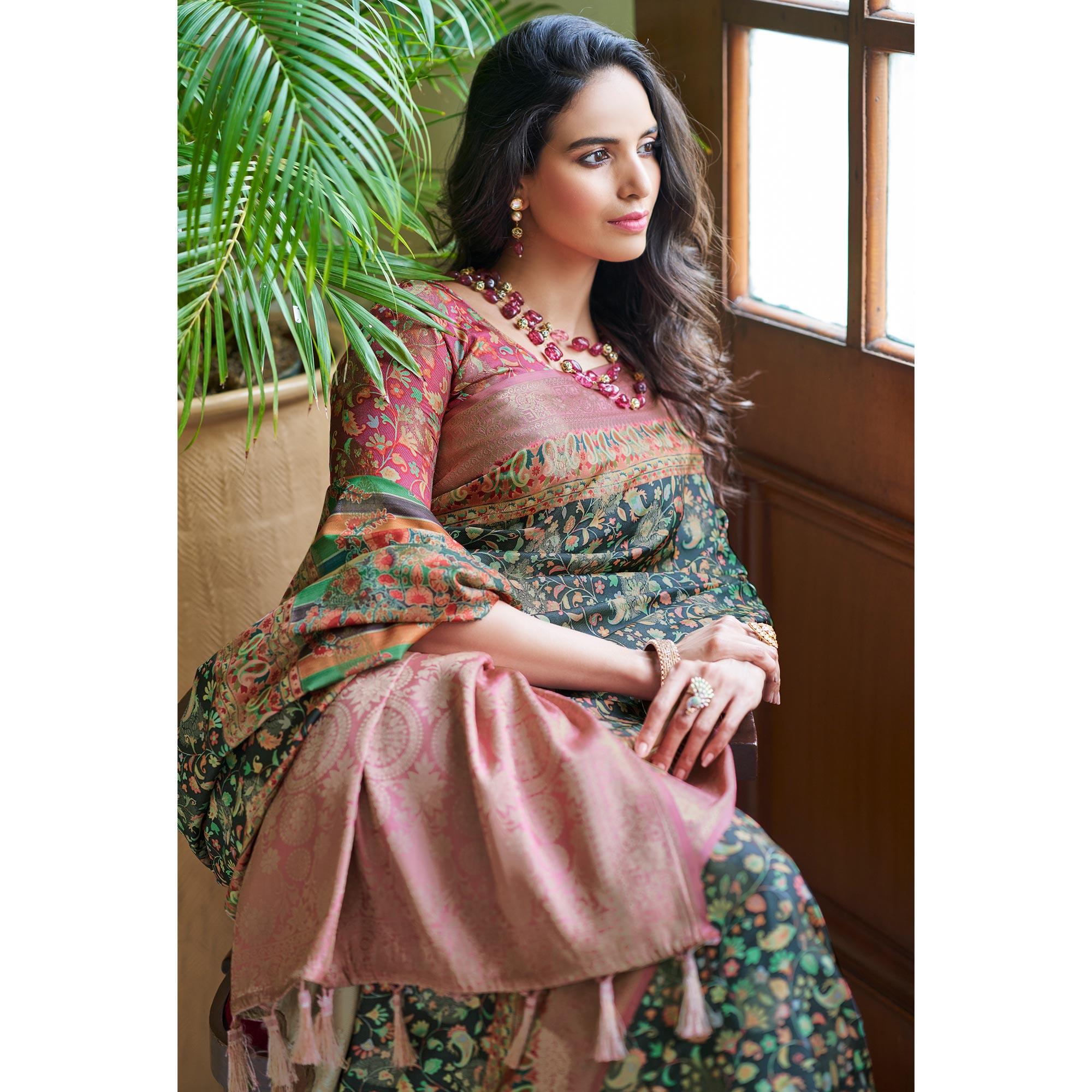 Black Floral Digital Printed With Woven Border Art Silk Saree - Peachmode