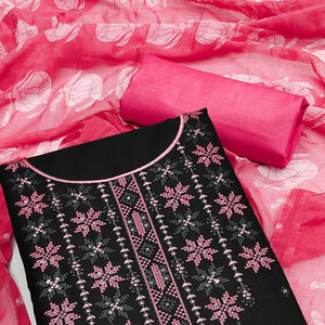 Black Floral Embroidered Cotton Blend Dress Material - Peachmode