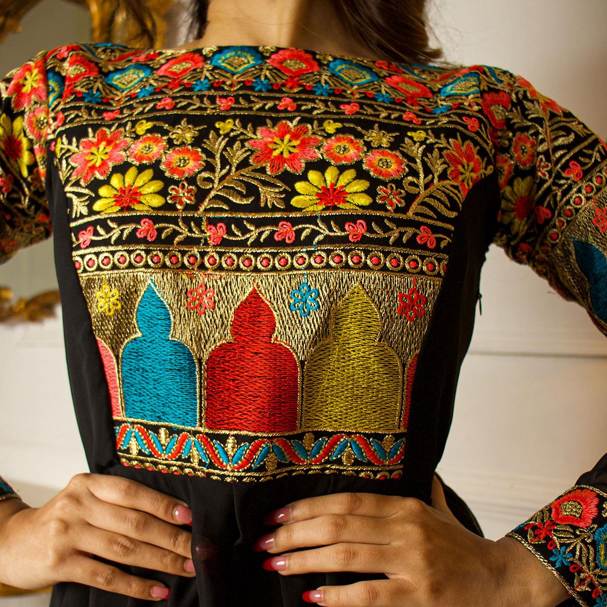 Black Floral Embroidered Flared Floor Touch Georgette Partywear Gown - Peachmode