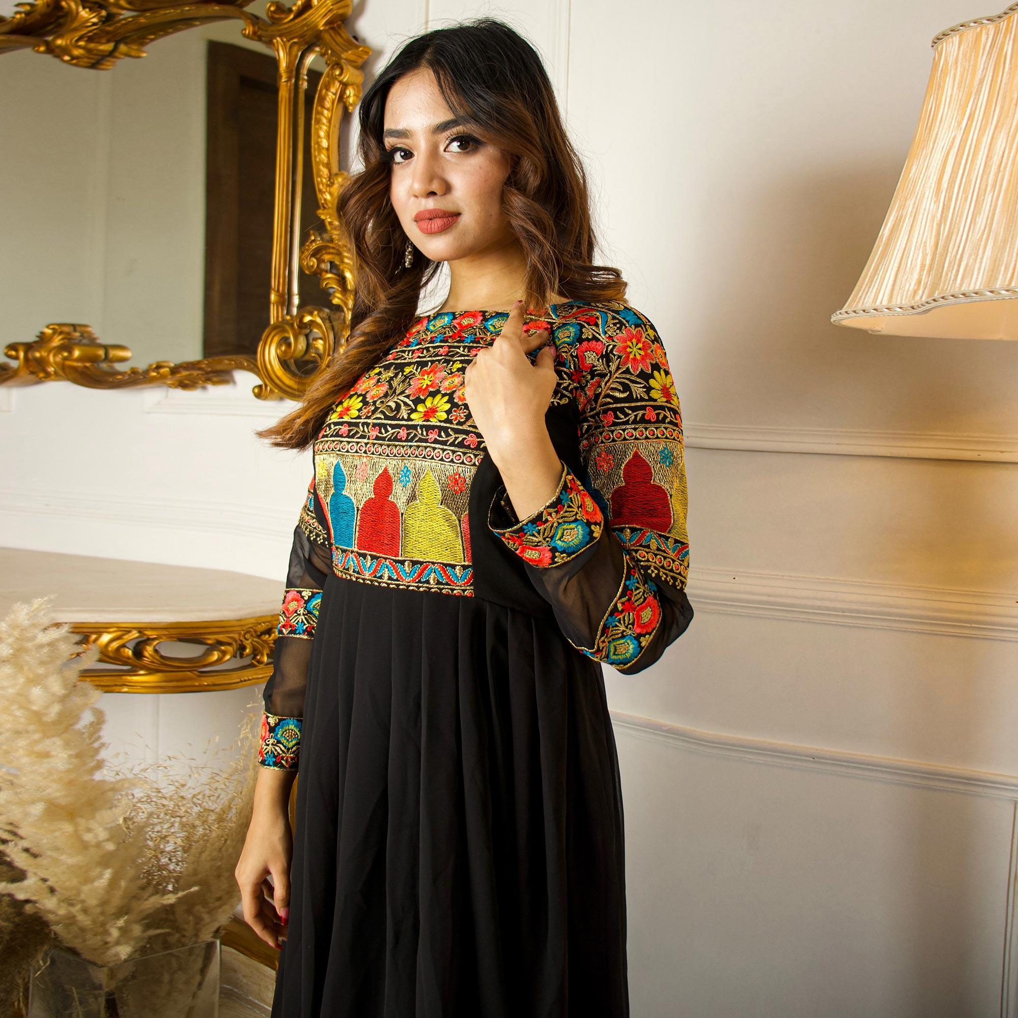 Black Floral Embroidered Flared Floor Touch Georgette Partywear Gown - Peachmode