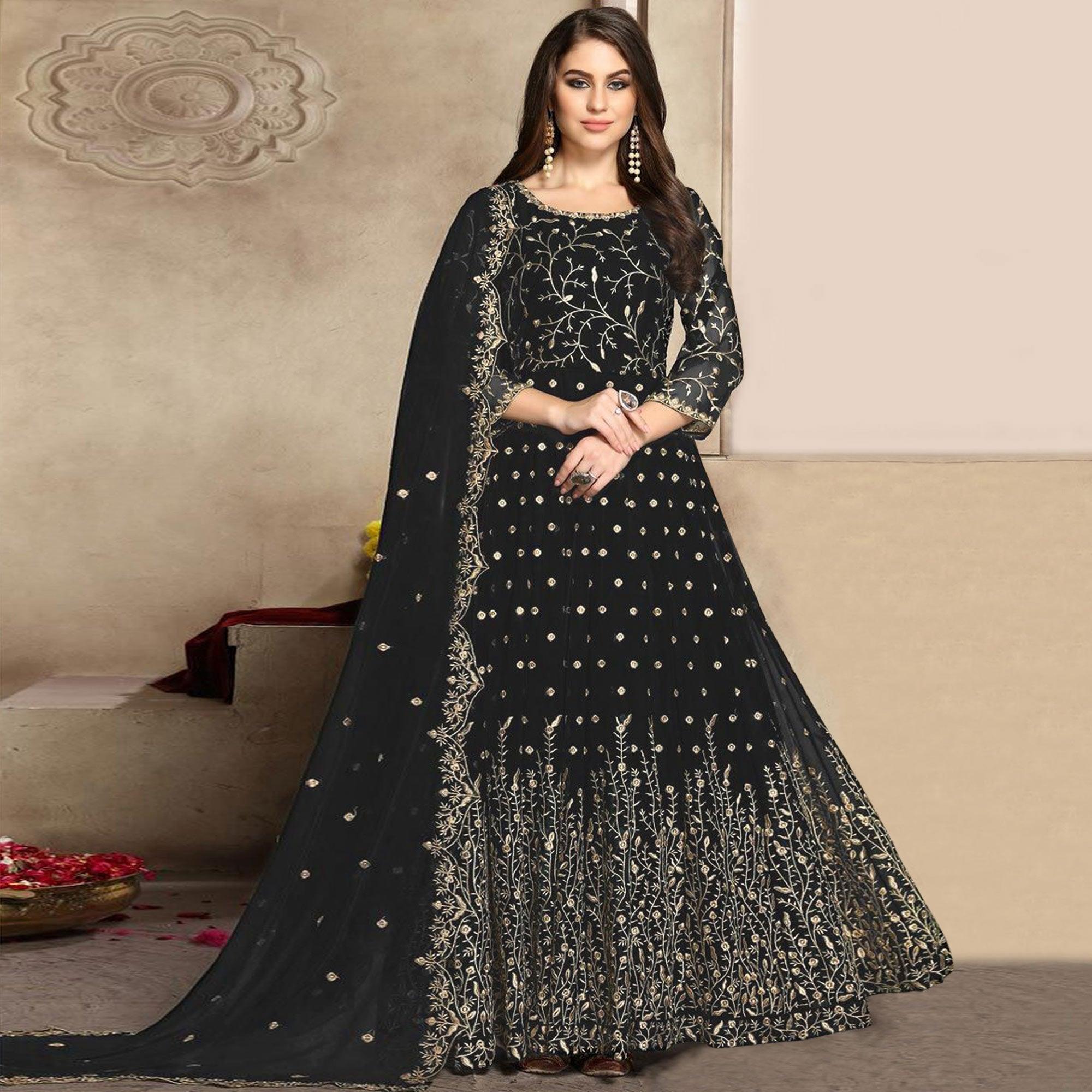 Black Floral Embroidered Georgette Anarkali Suit - Peachmode