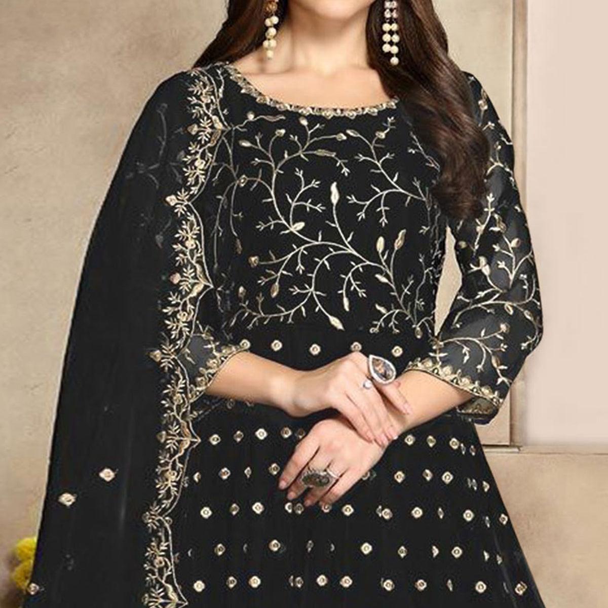 Black Floral Embroidered Georgette Anarkali Suit - Peachmode