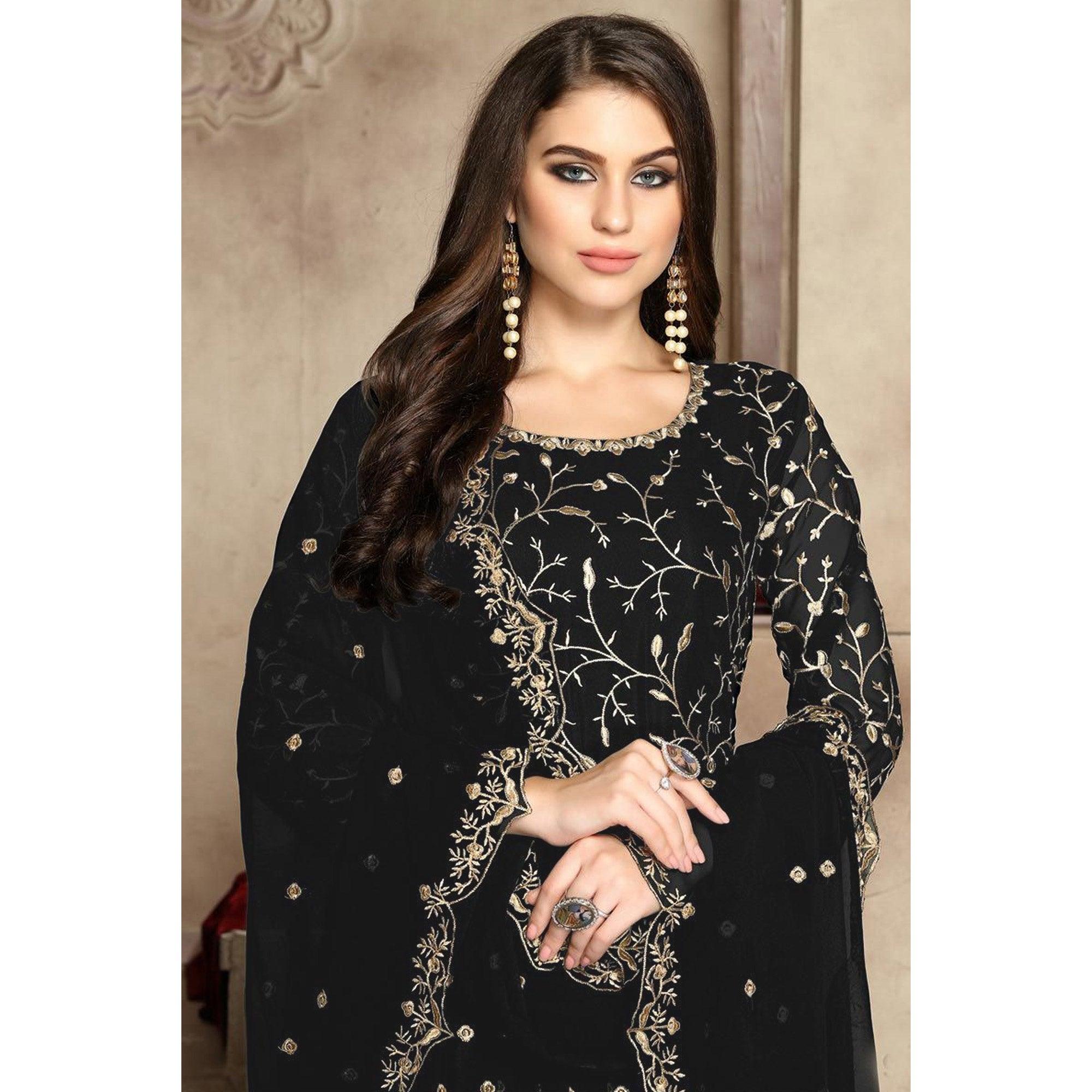 Black Floral Embroidered Georgette Anarkali Suit - Peachmode