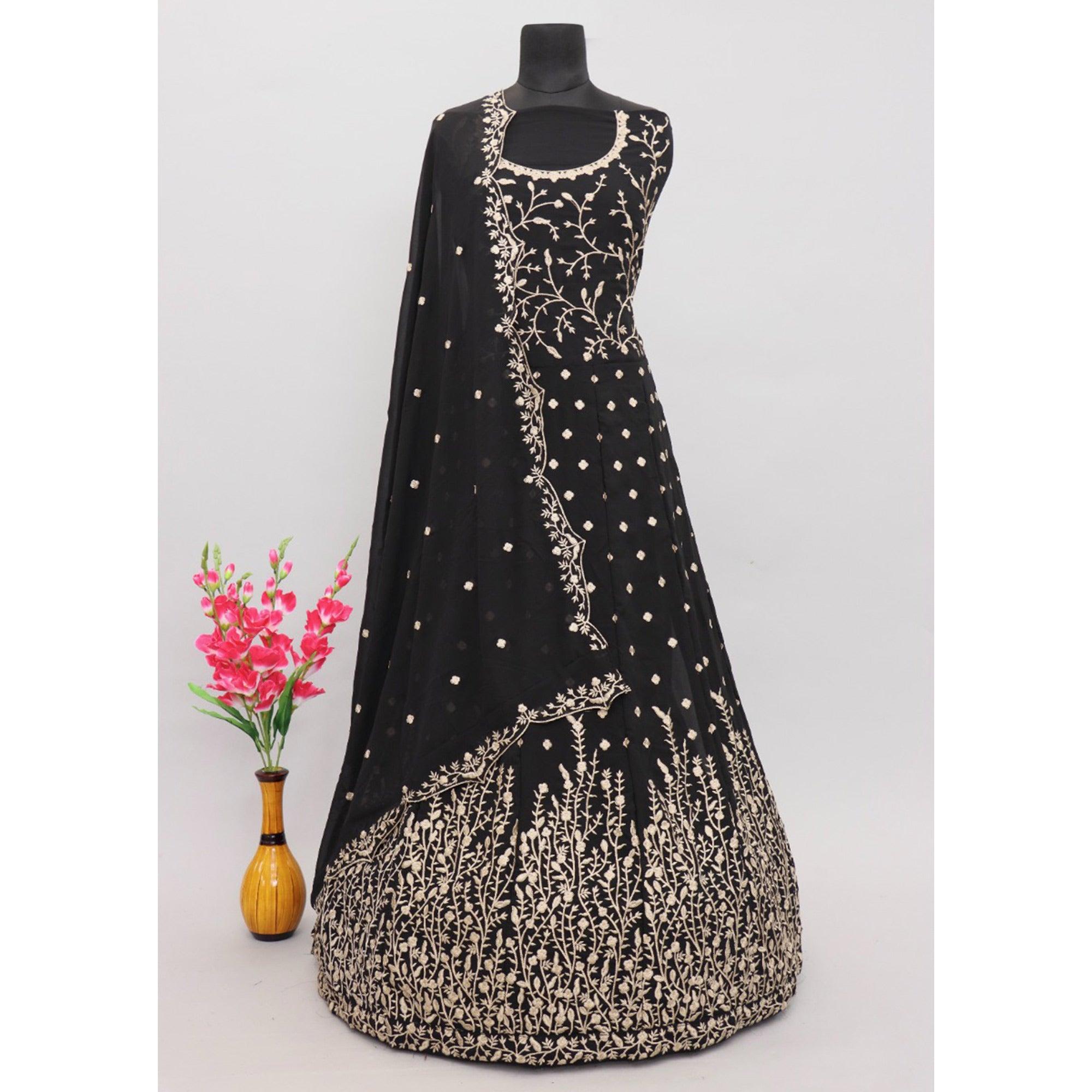 Black Floral Embroidered Georgette Anarkali Suit - Peachmode
