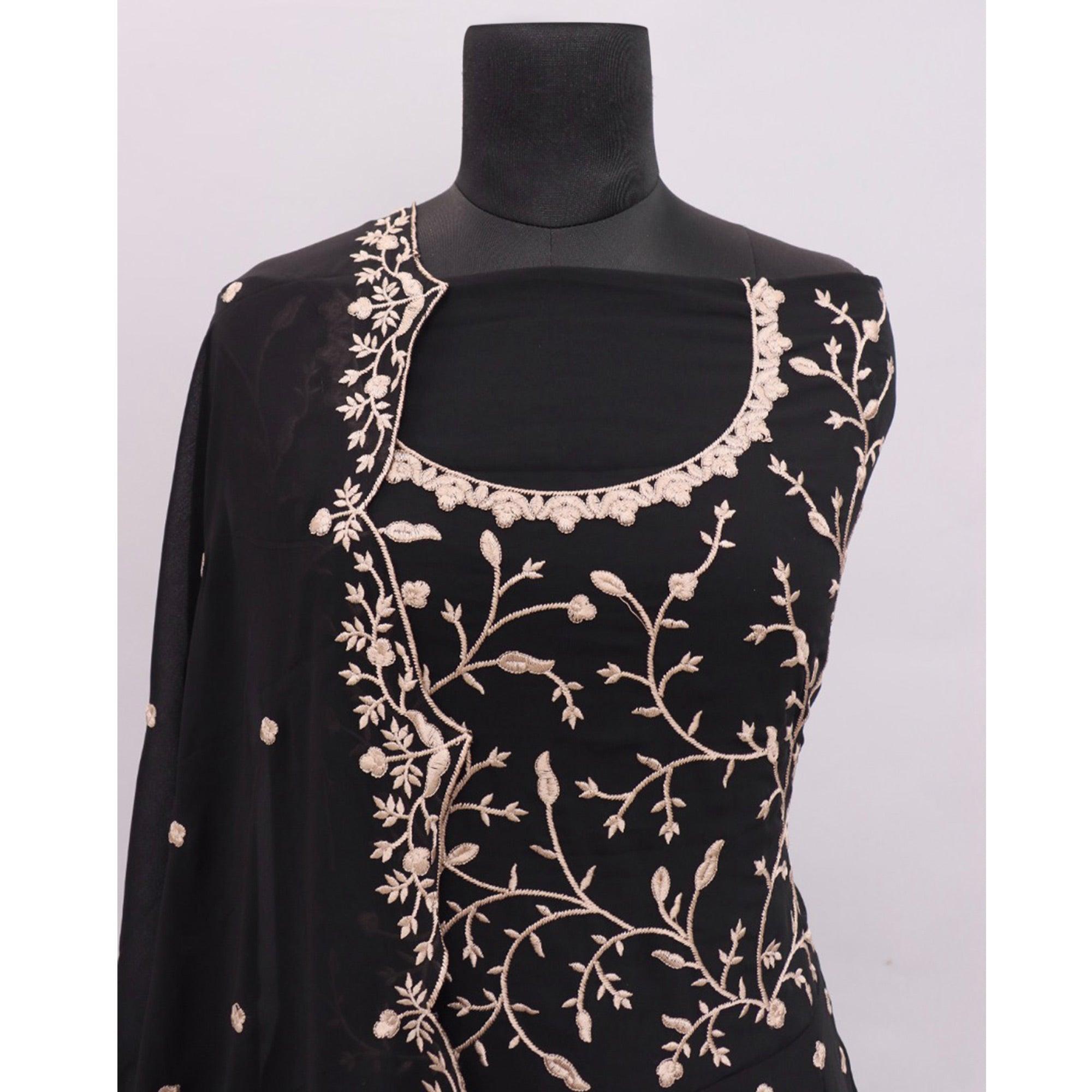 Black Floral Embroidered Georgette Anarkali Suit - Peachmode