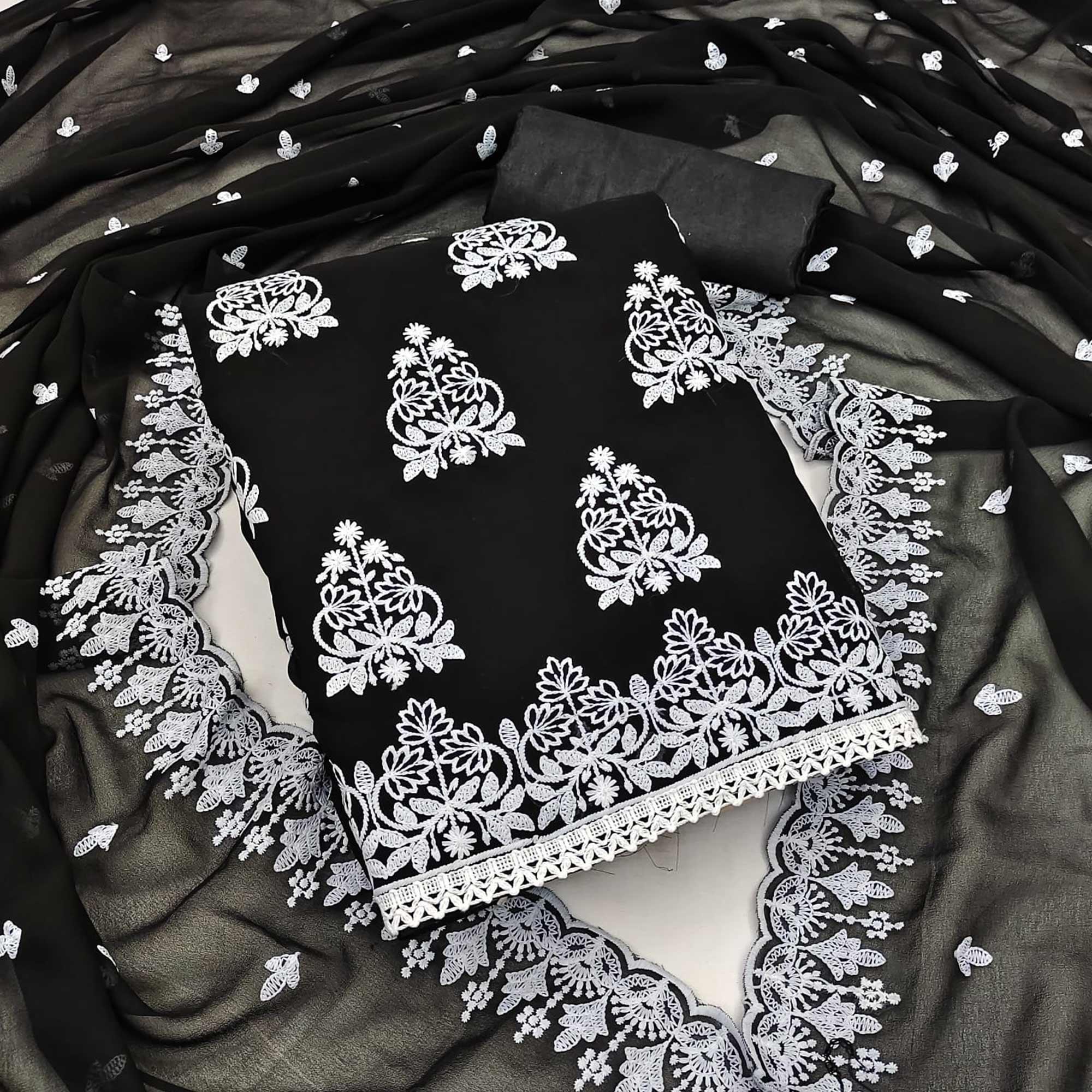 Black Floral Embroidered Georgette Dress Material - Peachmode