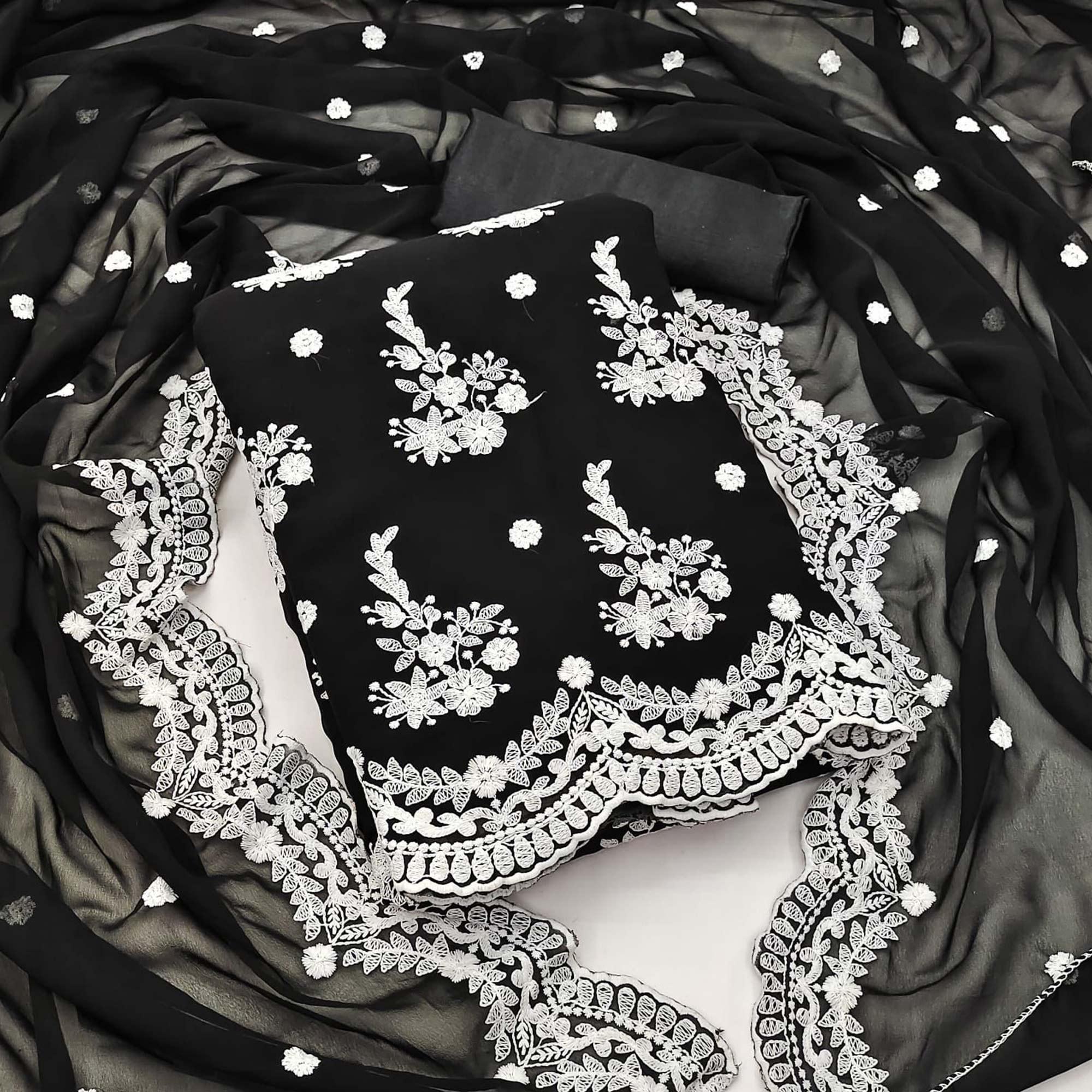 Black Floral Embroidered Georgette Dress Material - Peachmode