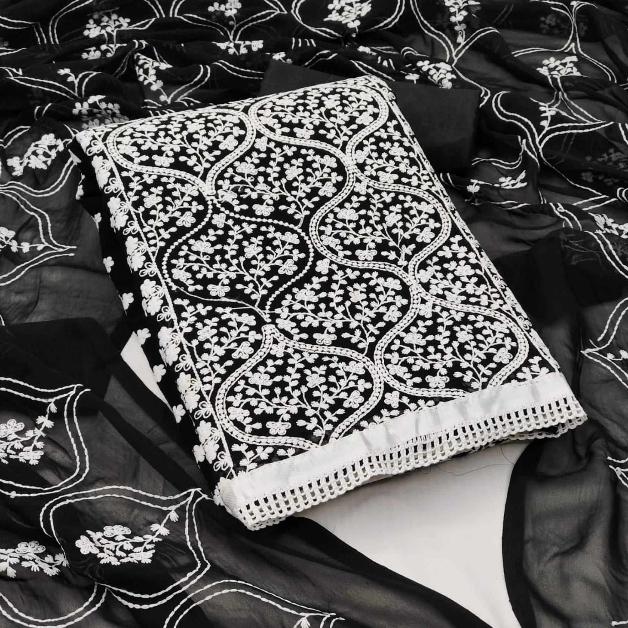 Black Floral Embroidered Georgette Dress Material - Peachmode