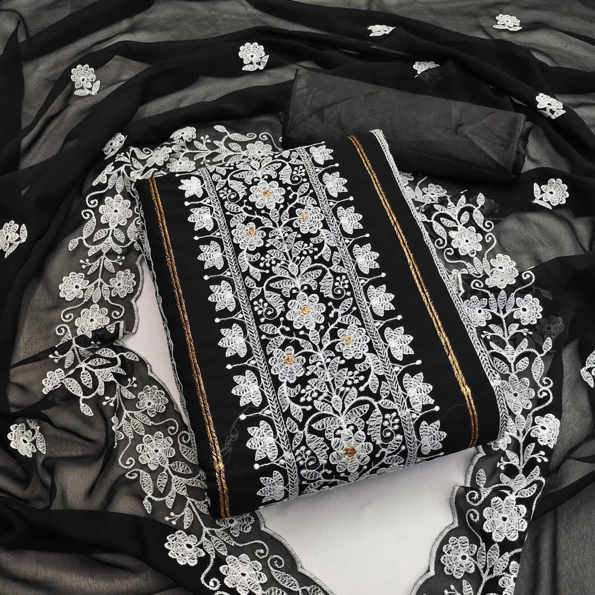 Black Floral Embroidered Georgette Dress Material - Peachmode