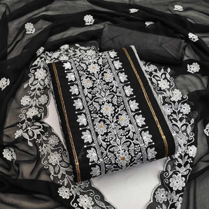 Black Floral Embroidered Georgette Dress Material - Peachmode