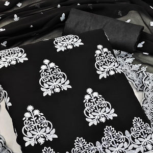 Black Floral Embroidered Georgette Dress Material - Peachmode
