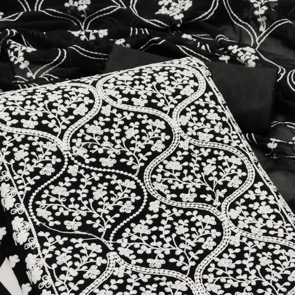 Black Floral Embroidered Georgette Dress Material - Peachmode