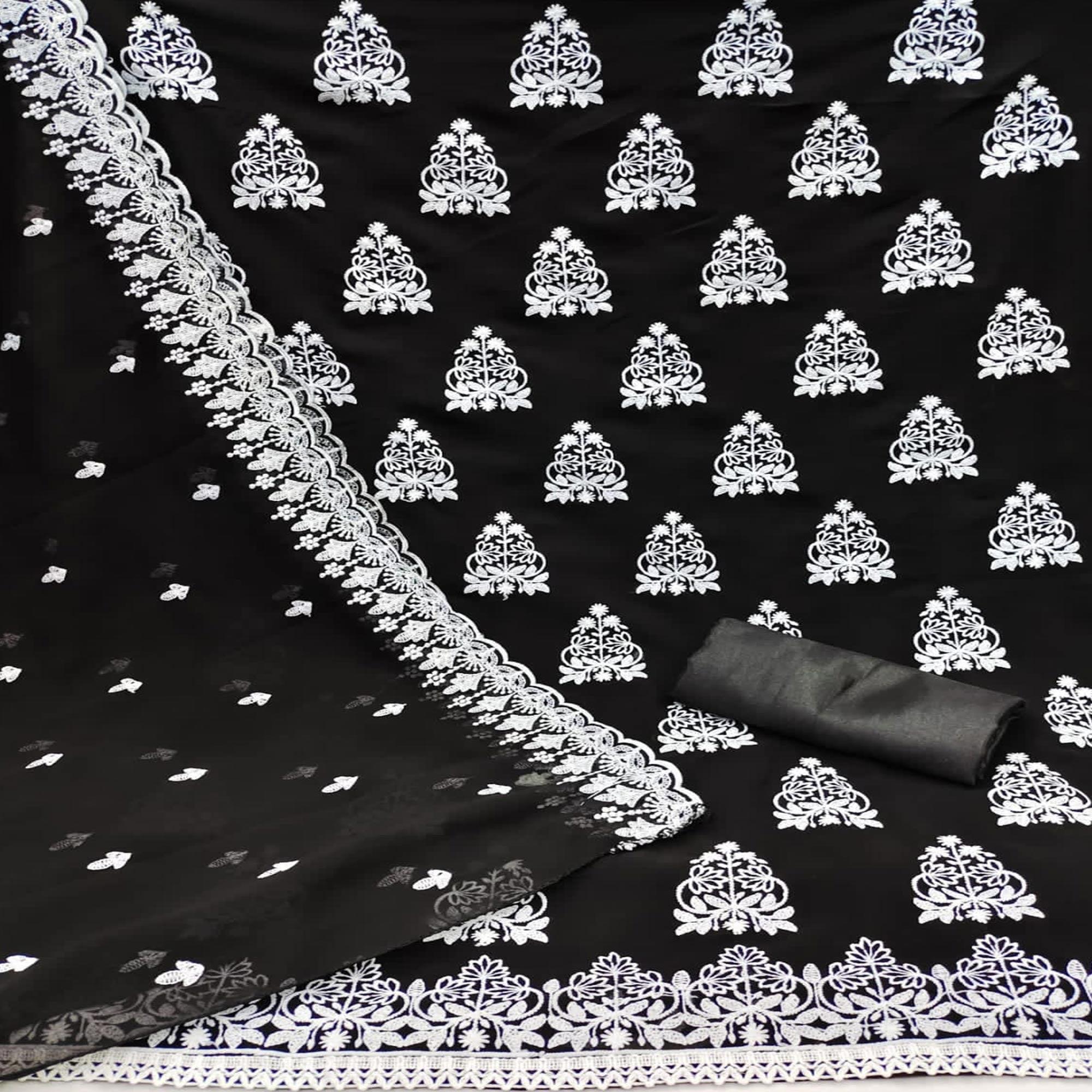 Black Floral Embroidered Georgette Dress Material - Peachmode