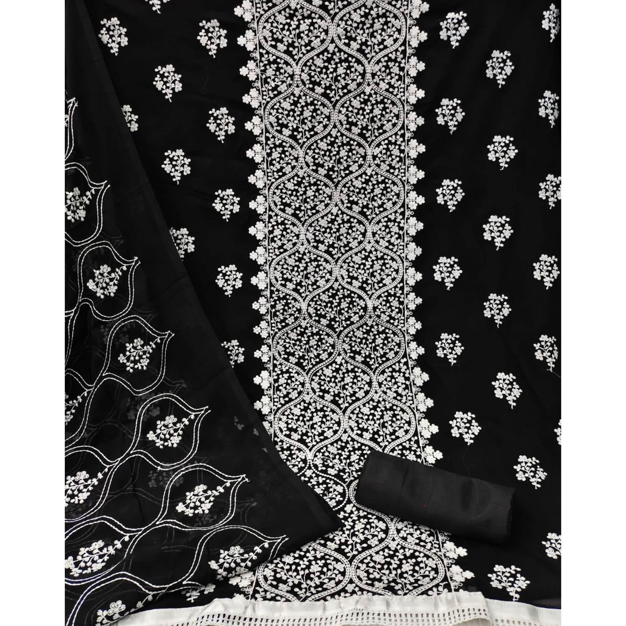 Black Floral Embroidered Georgette Dress Material - Peachmode