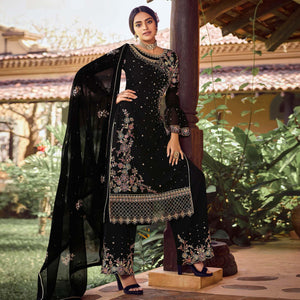 Black Floral Embroidered Georgette Palazzo Suit - Peachmode