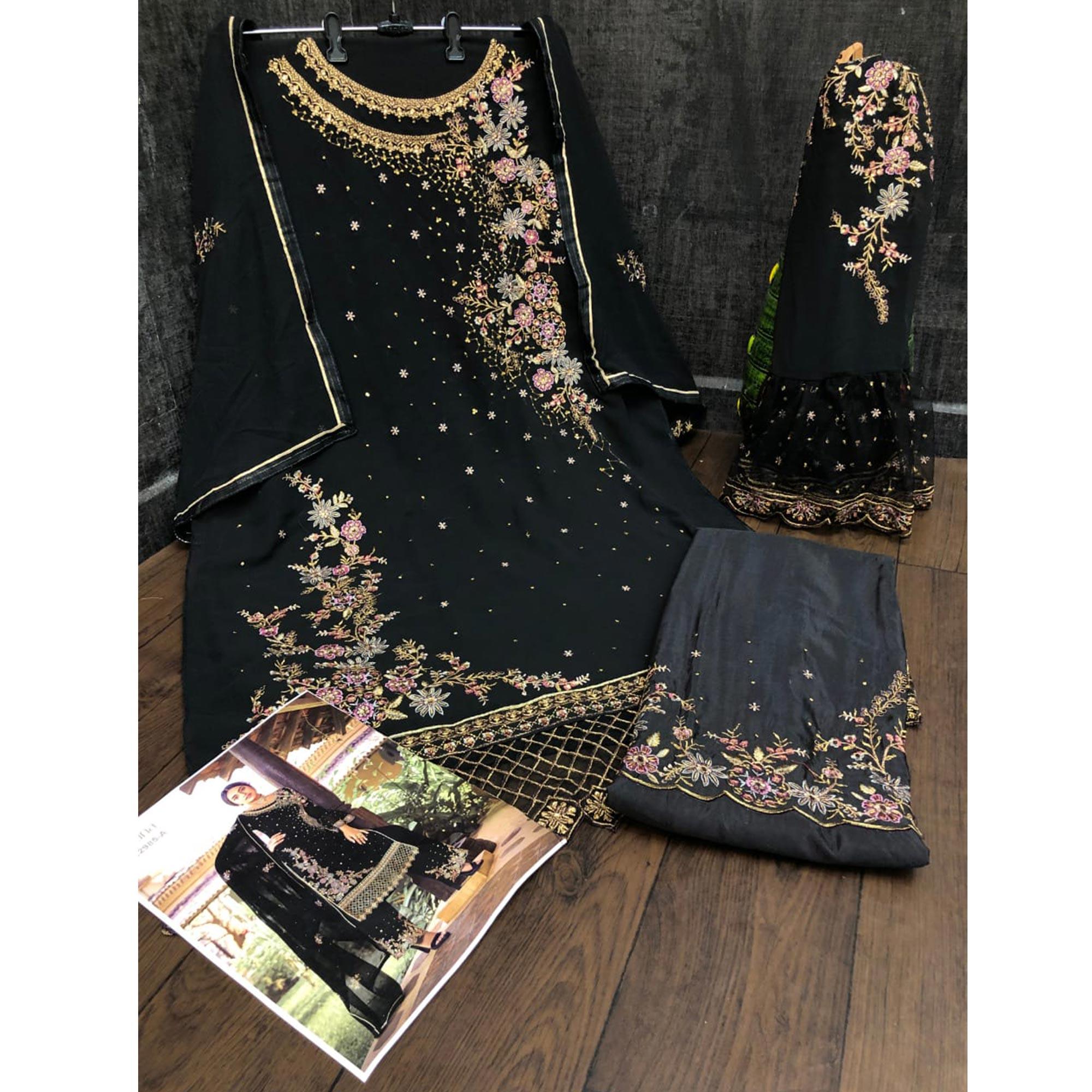 Black Floral Embroidered Georgette Palazzo Suit - Peachmode