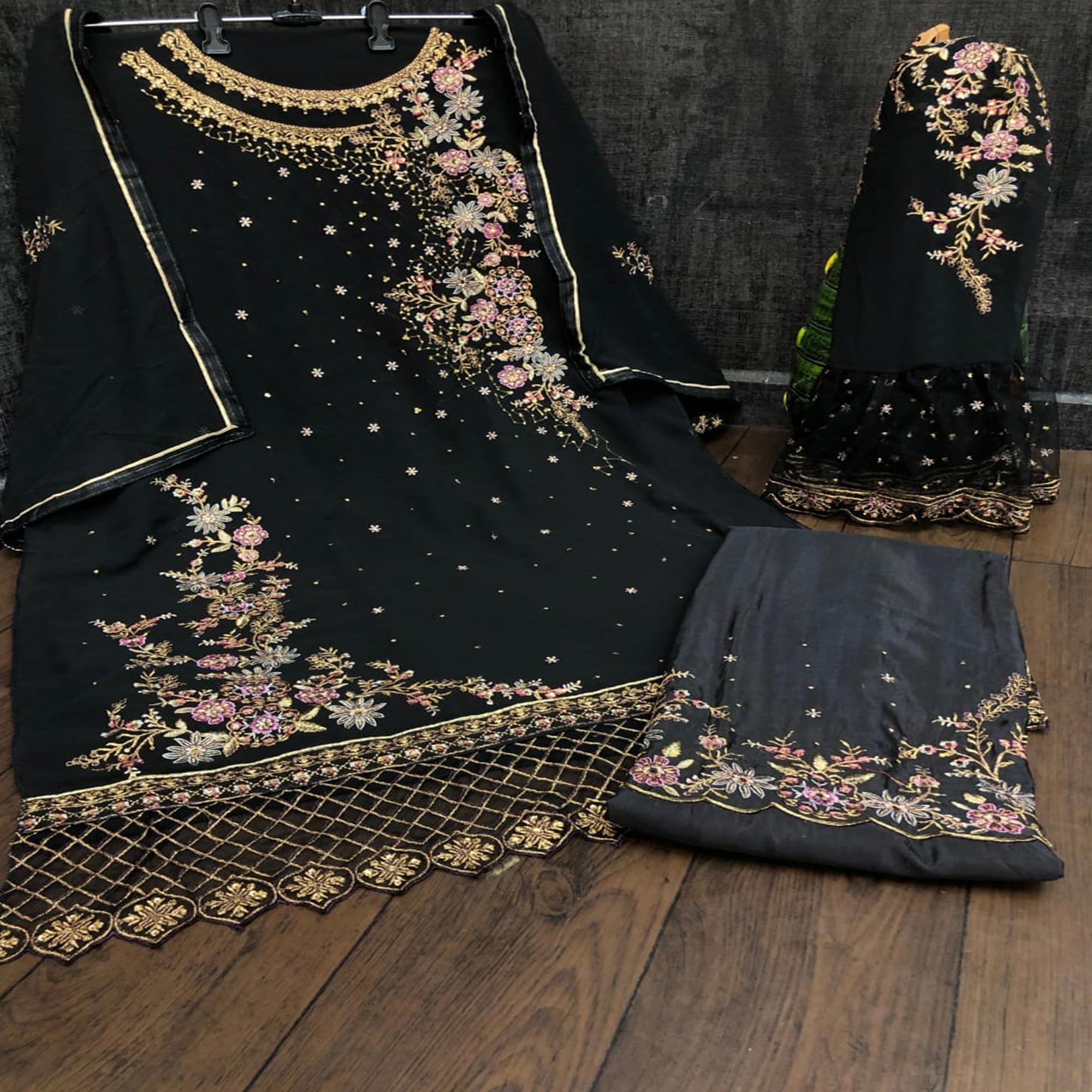 Black Floral Embroidered Georgette Palazzo Suit - Peachmode