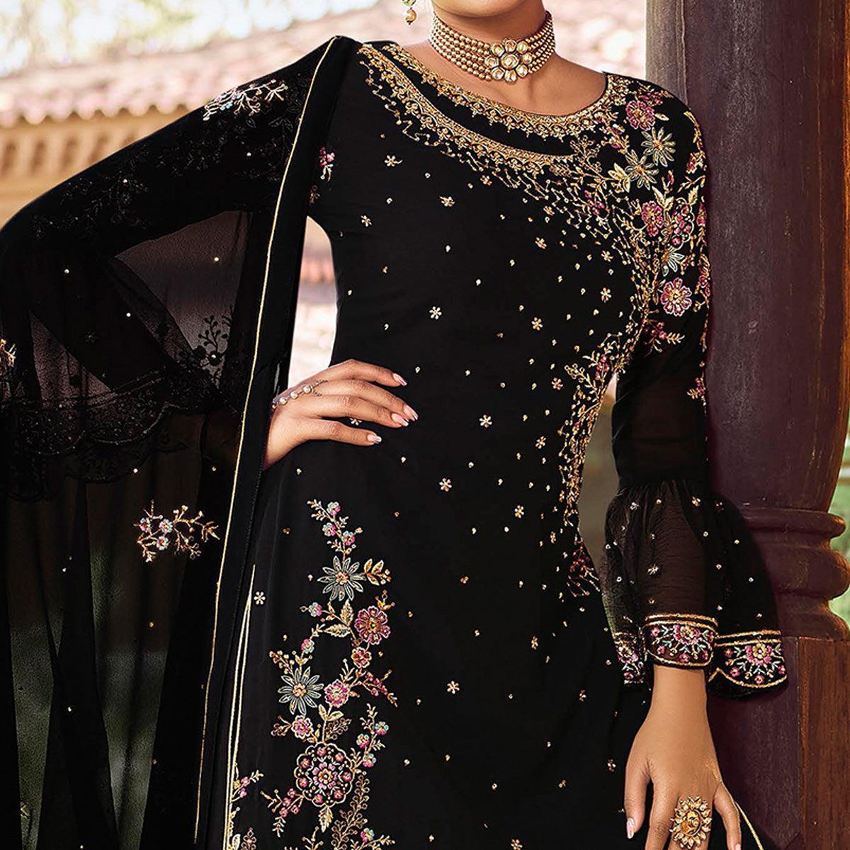 Black Floral Embroidered Georgette Palazzo Suit - Peachmode