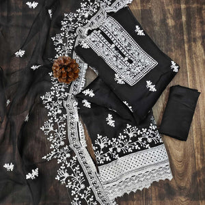 Black Floral Embroidered Organza Dress Material - Peachmode