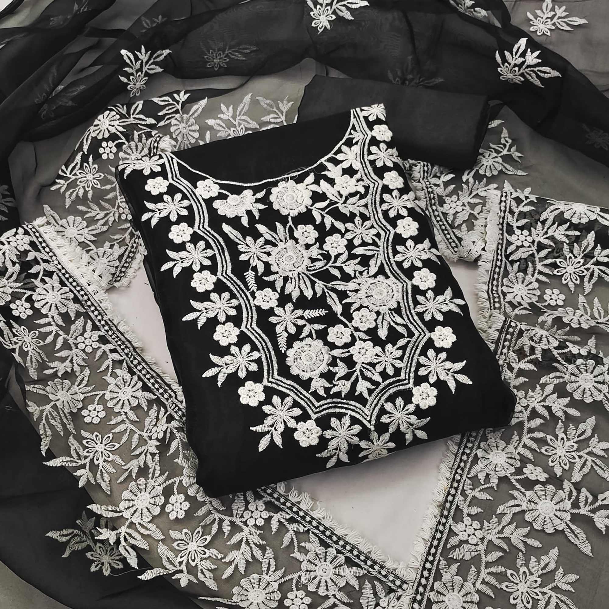 Black Floral Embroidered Organza Dress Material - Peachmode