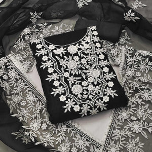 Black Floral Embroidered Organza Dress Material - Peachmode