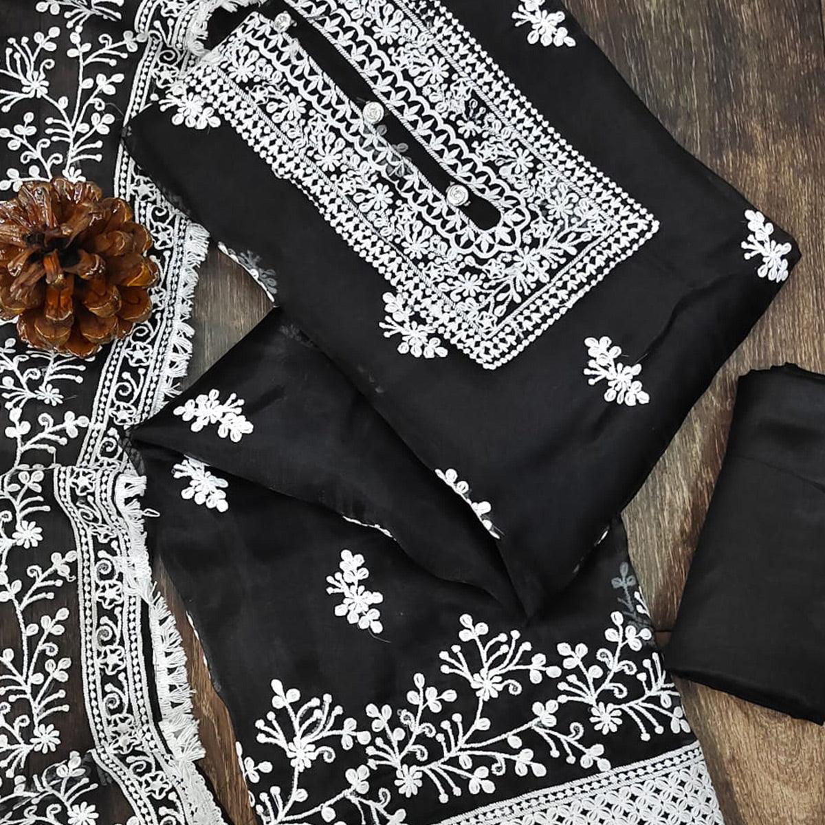 Black Floral Embroidered Organza Dress Material - Peachmode