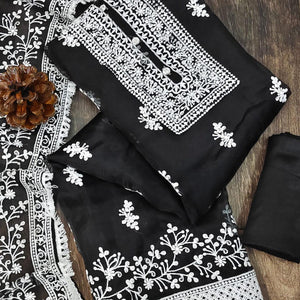 Black Floral Embroidered Organza Dress Material - Peachmode