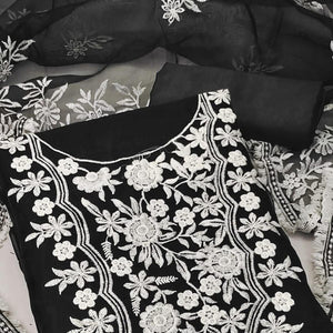 Black Floral Embroidered Organza Dress Material - Peachmode