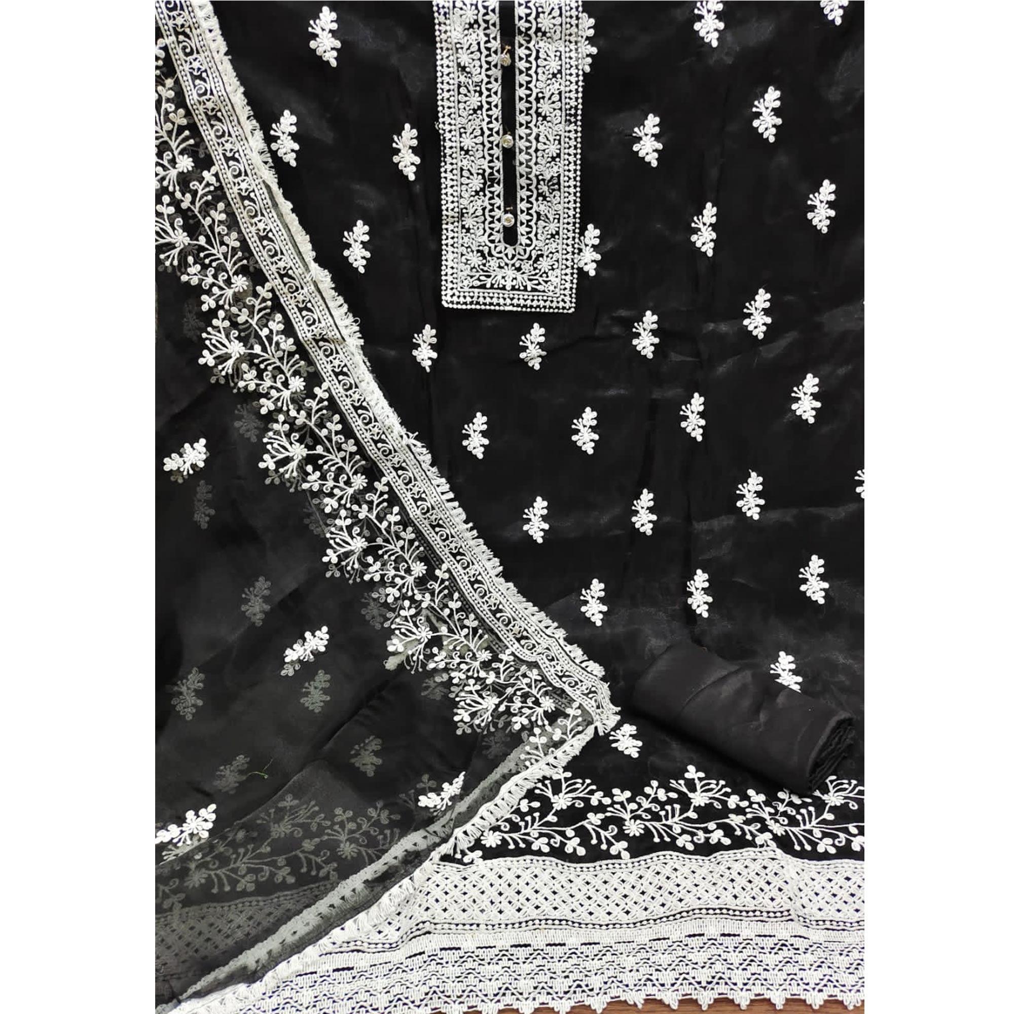 Black Floral Embroidered Organza Dress Material - Peachmode