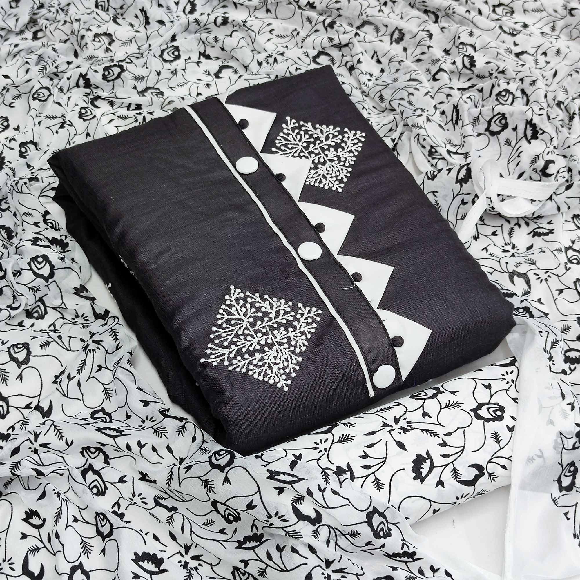 Black Floral Embroidered Pure Cotton Dress Material - Peachmode