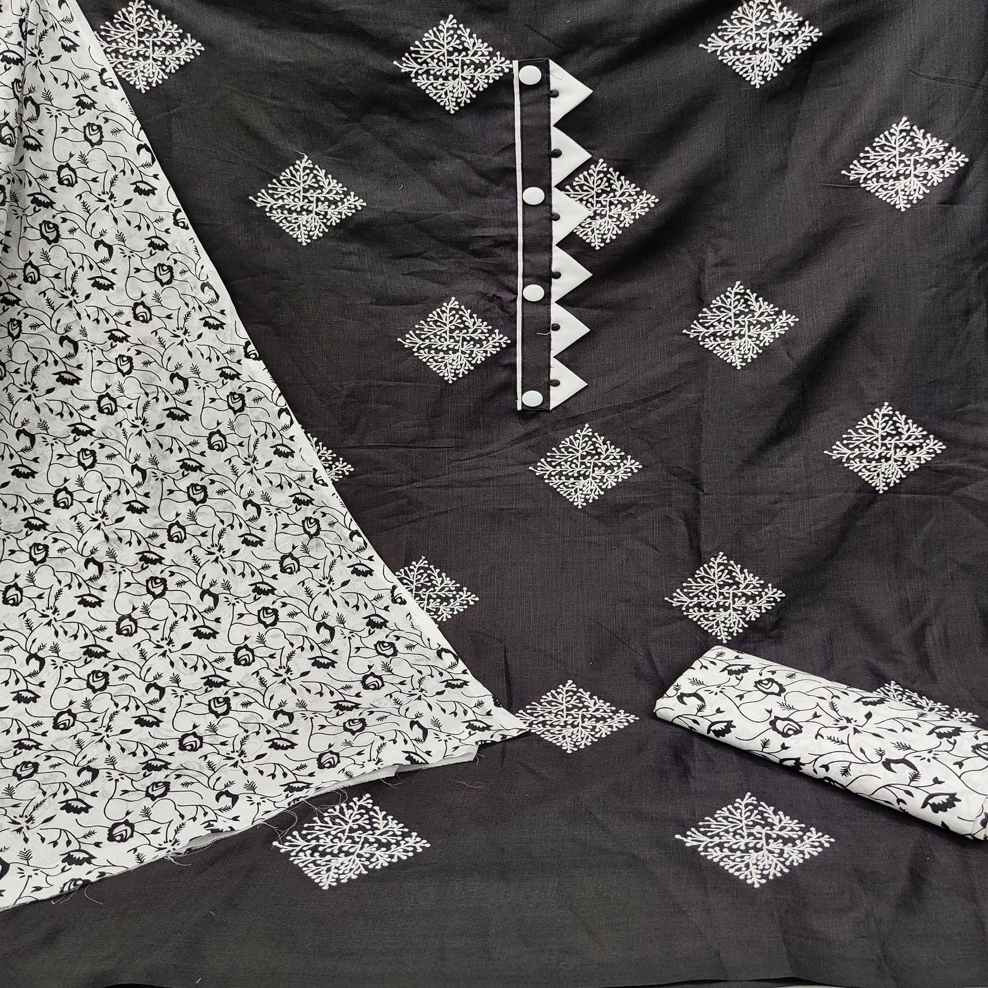 Black Floral Embroidered Pure Cotton Dress Material - Peachmode