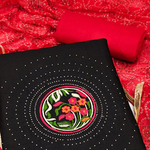 Black Floral Embroidered Pure Cotton Dress Material - Peachmode