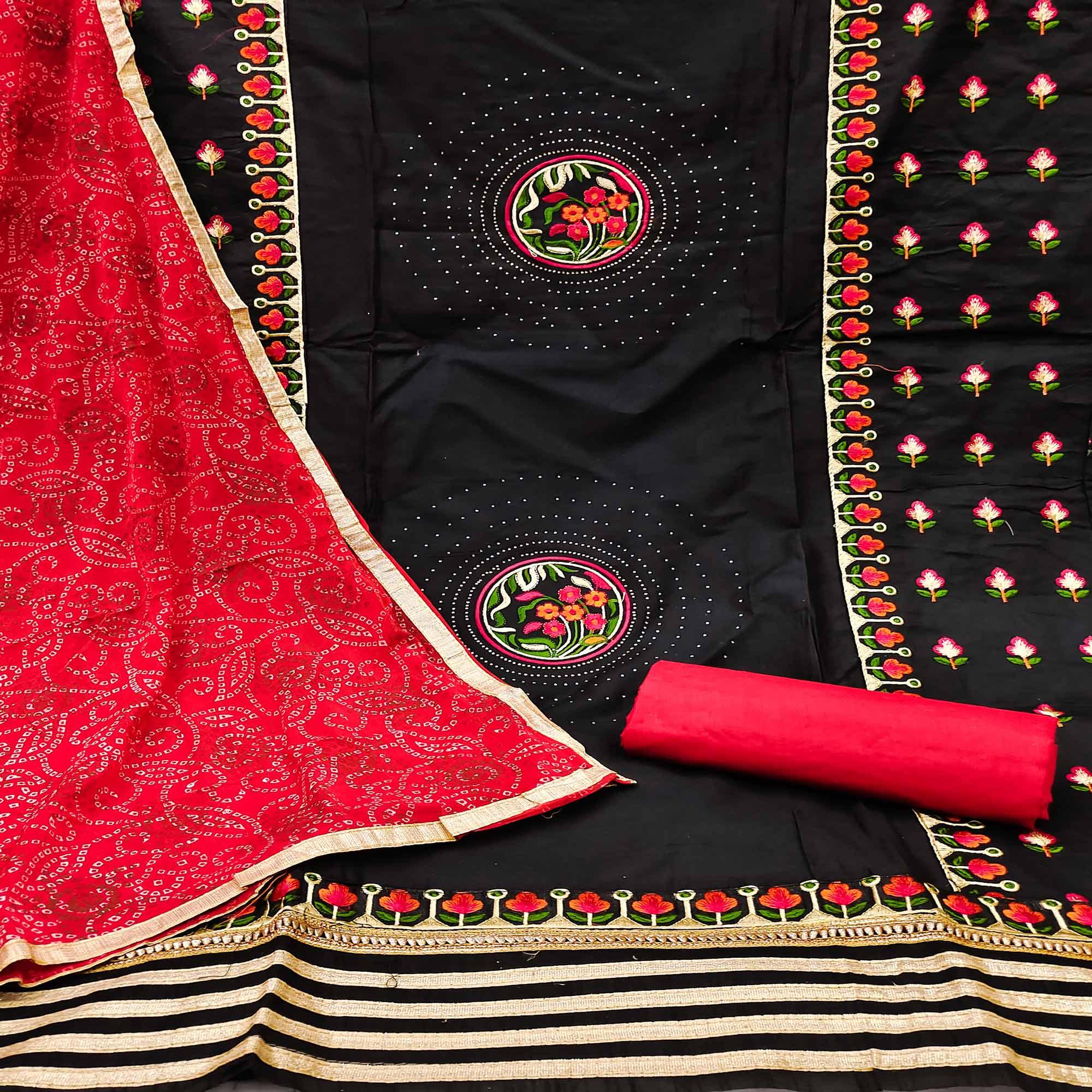 Black Floral Embroidered Pure Cotton Dress Material - Peachmode