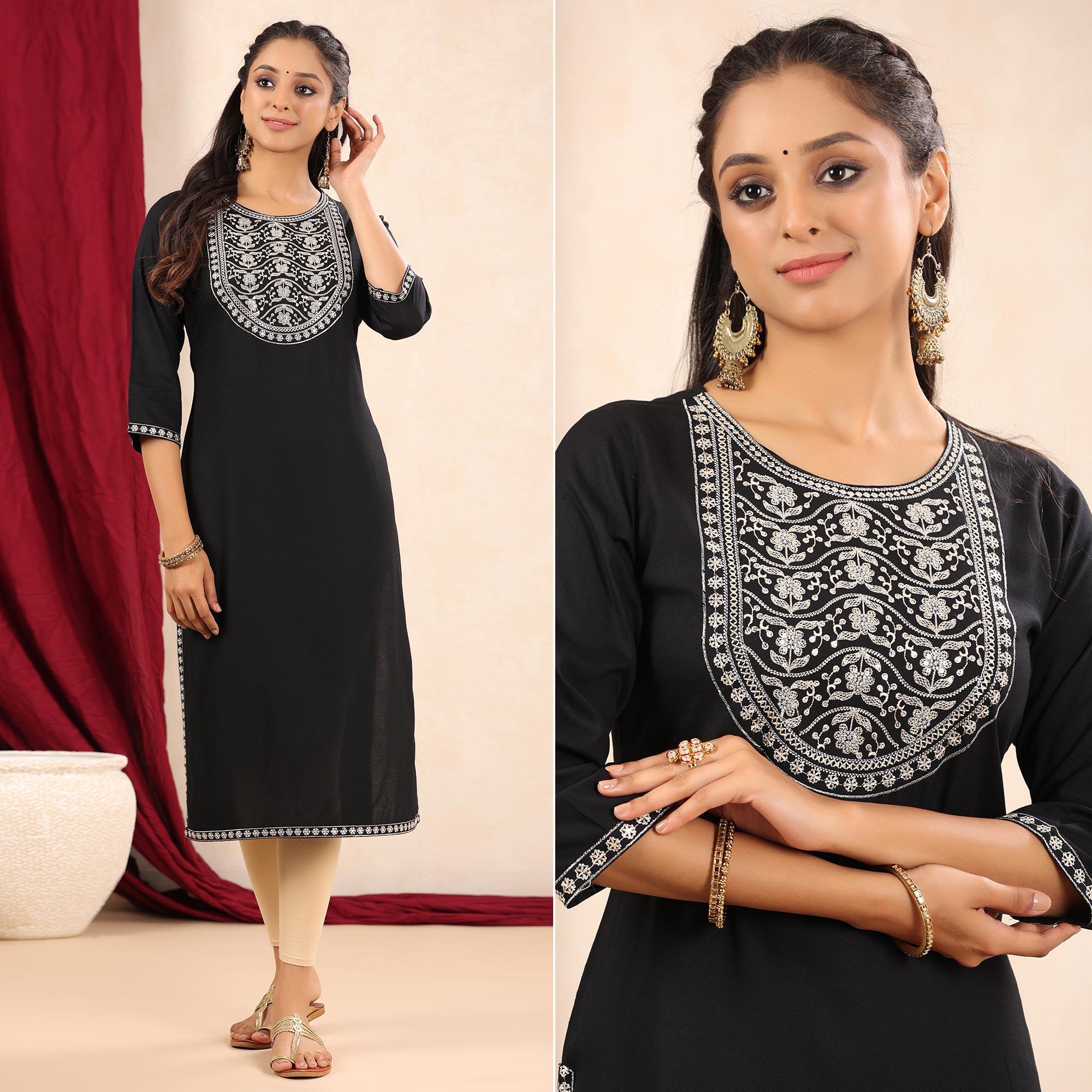 Black Floral Embroidered Pure Cotton Kurti - Peachmode