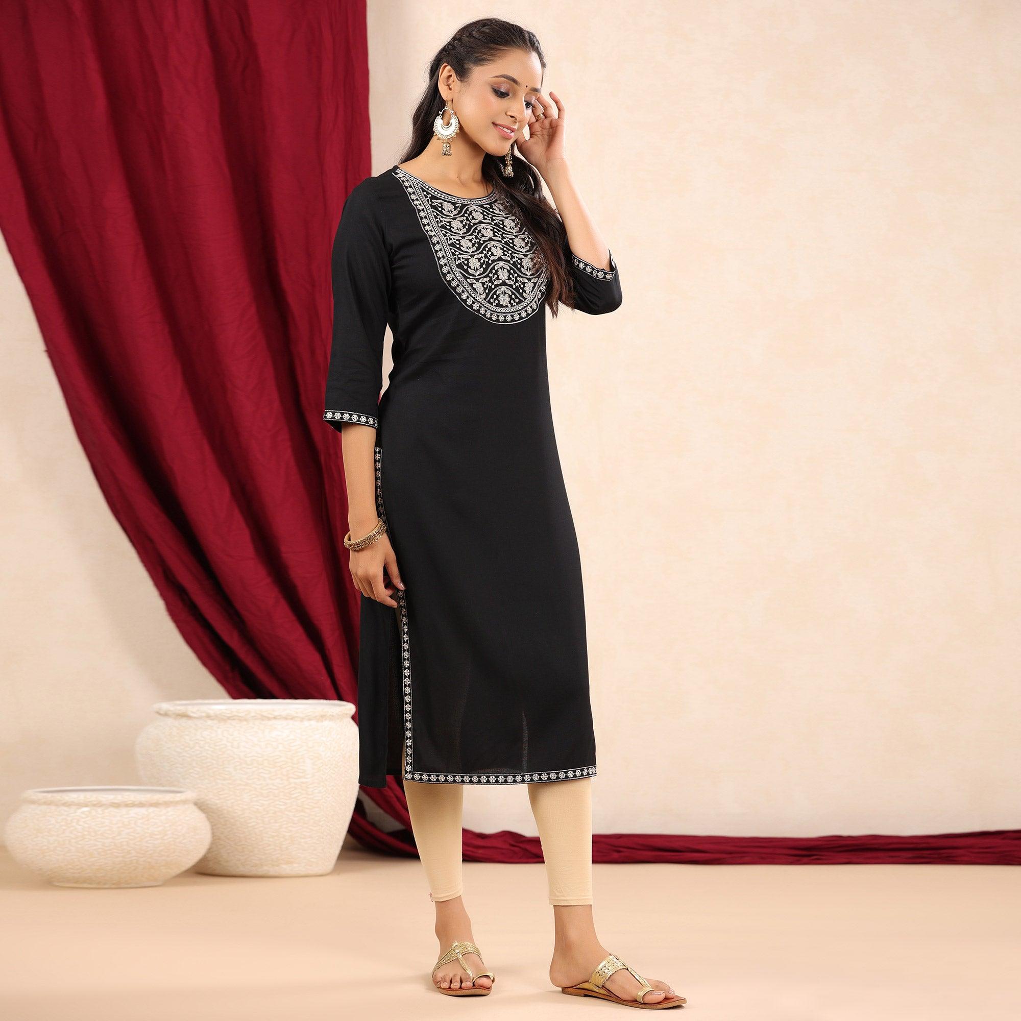 Black Floral Embroidered Pure Cotton Kurti - Peachmode