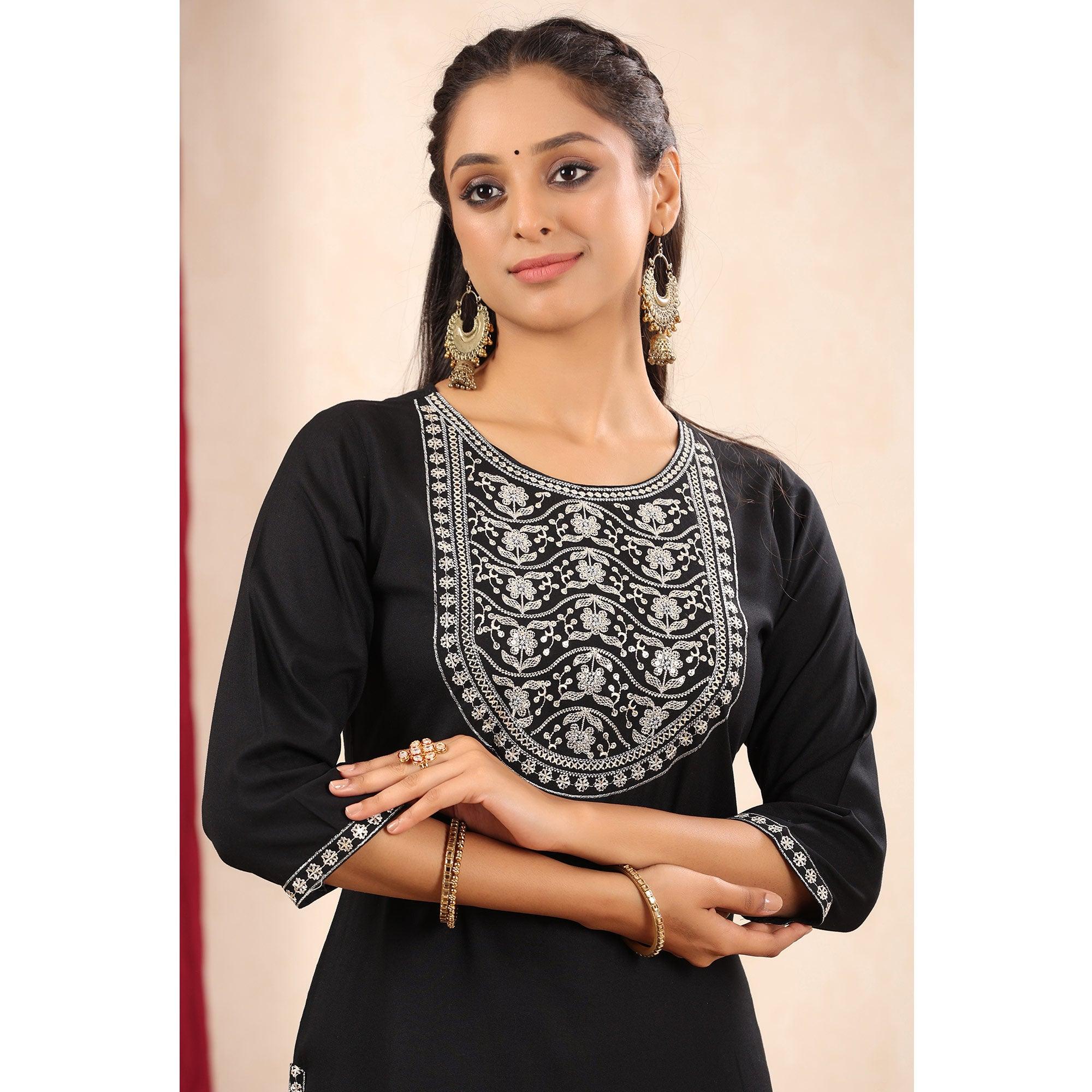 Black Floral Embroidered Pure Cotton Kurti - Peachmode