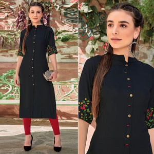 Black Floral Embroidered Rayon Kurti - Peachmode