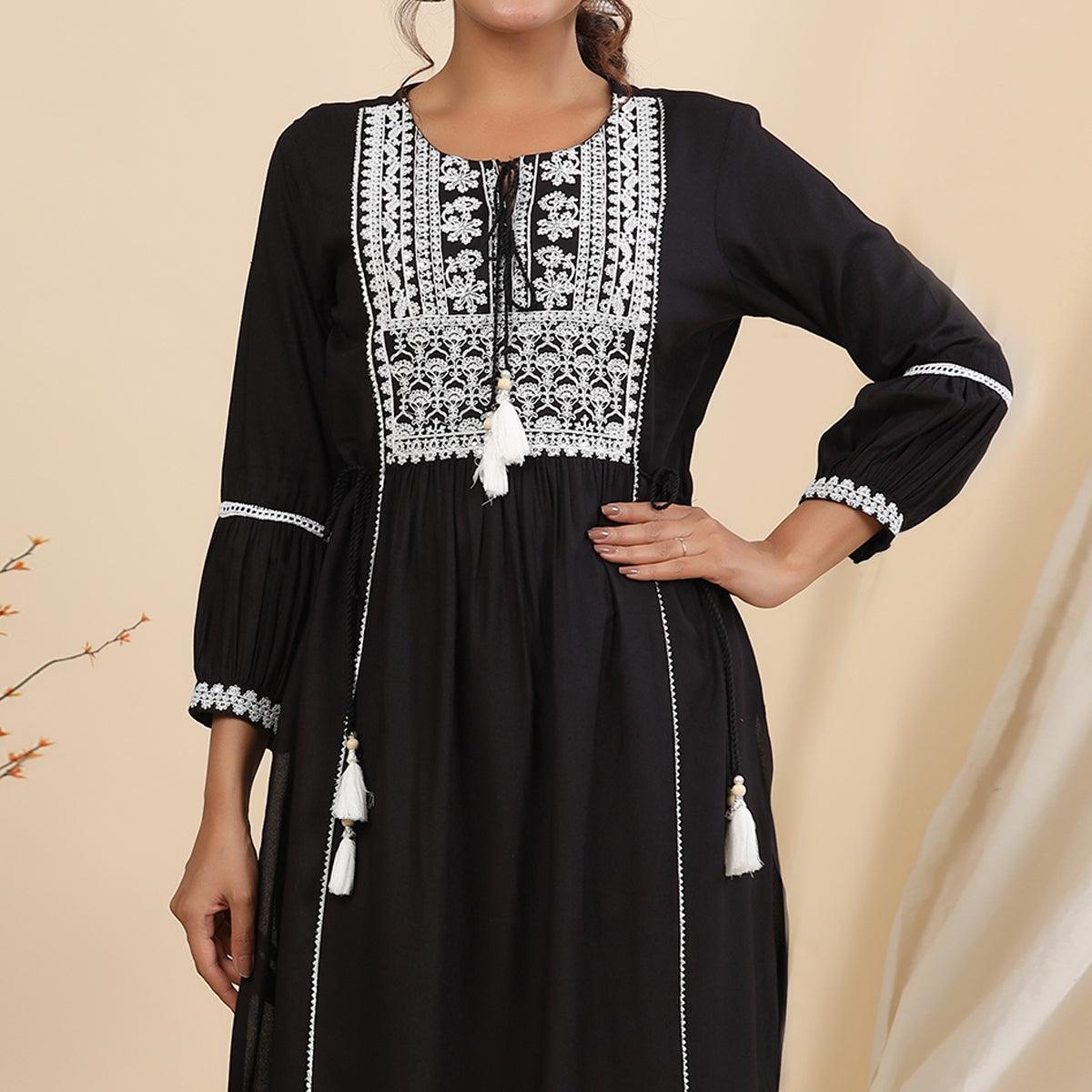 Black Floral Embroidered Rayon Kurti - Peachmode