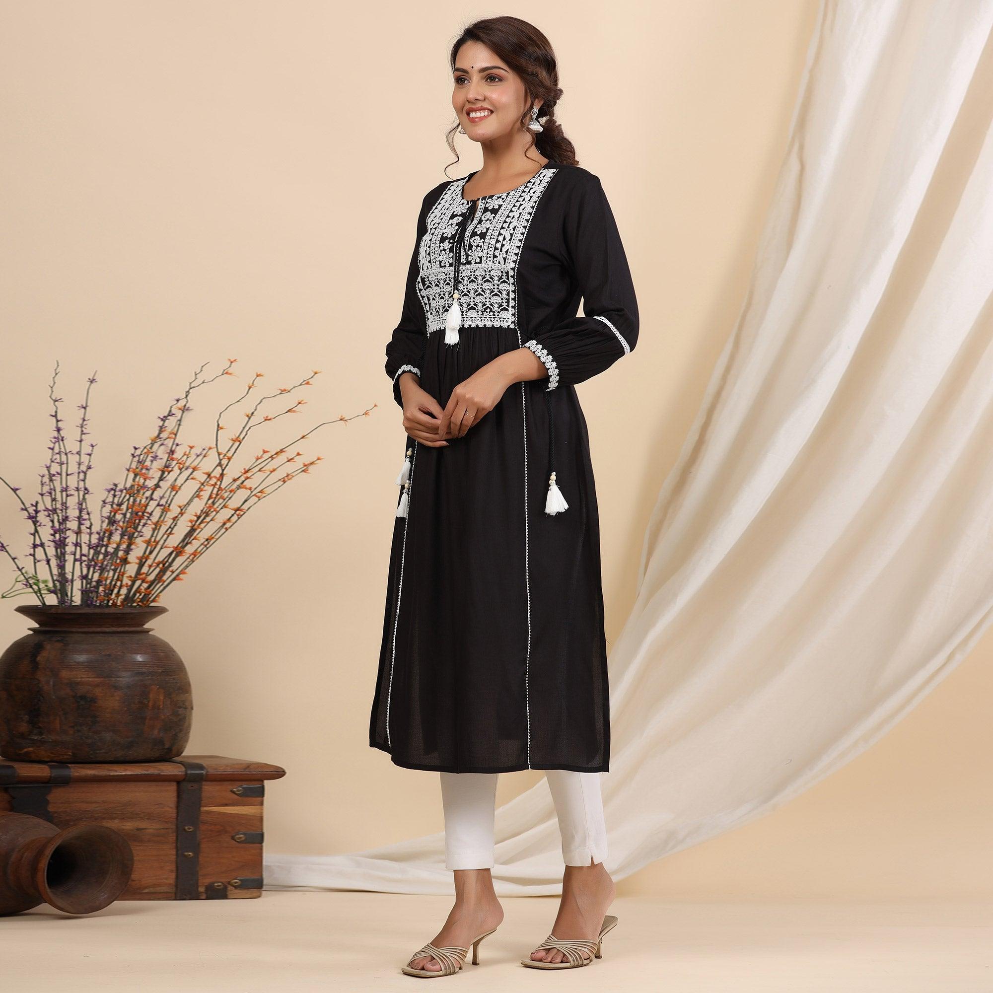 Black Floral Embroidered Rayon Kurti - Peachmode