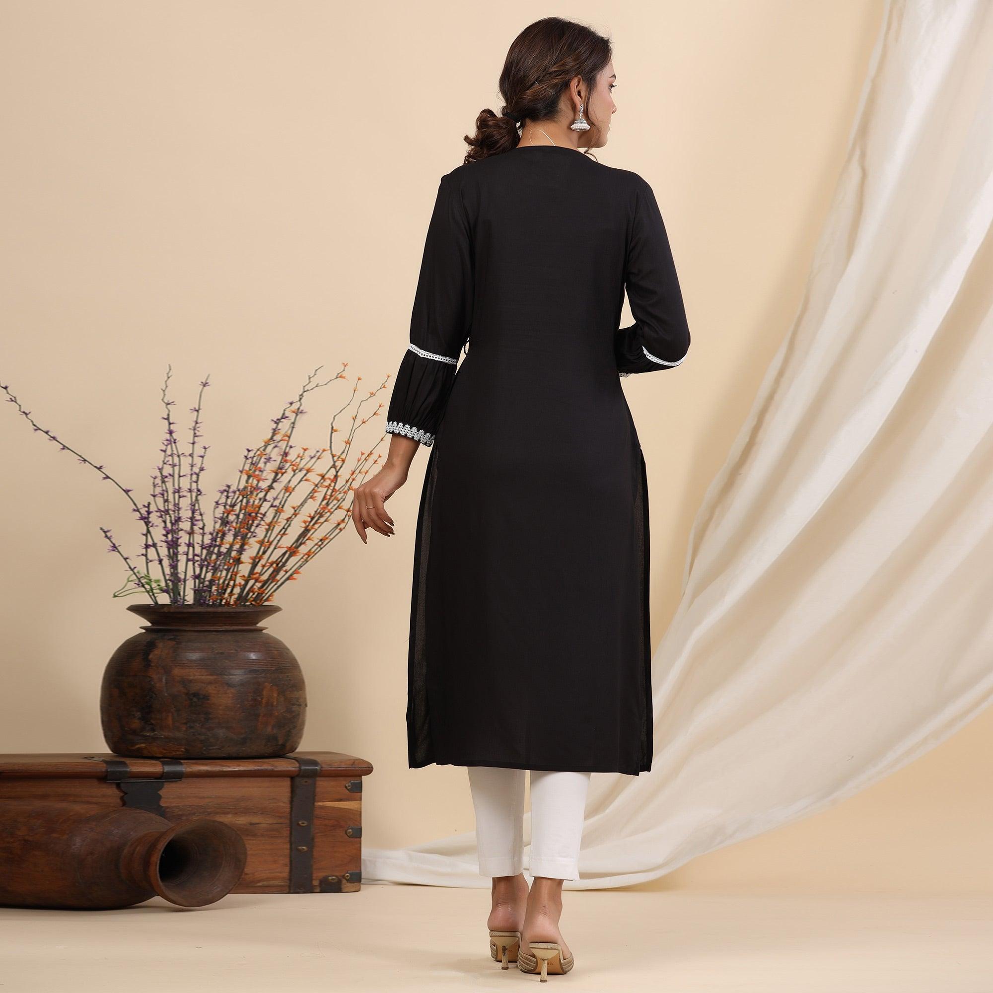 Black Floral Embroidered Rayon Kurti - Peachmode