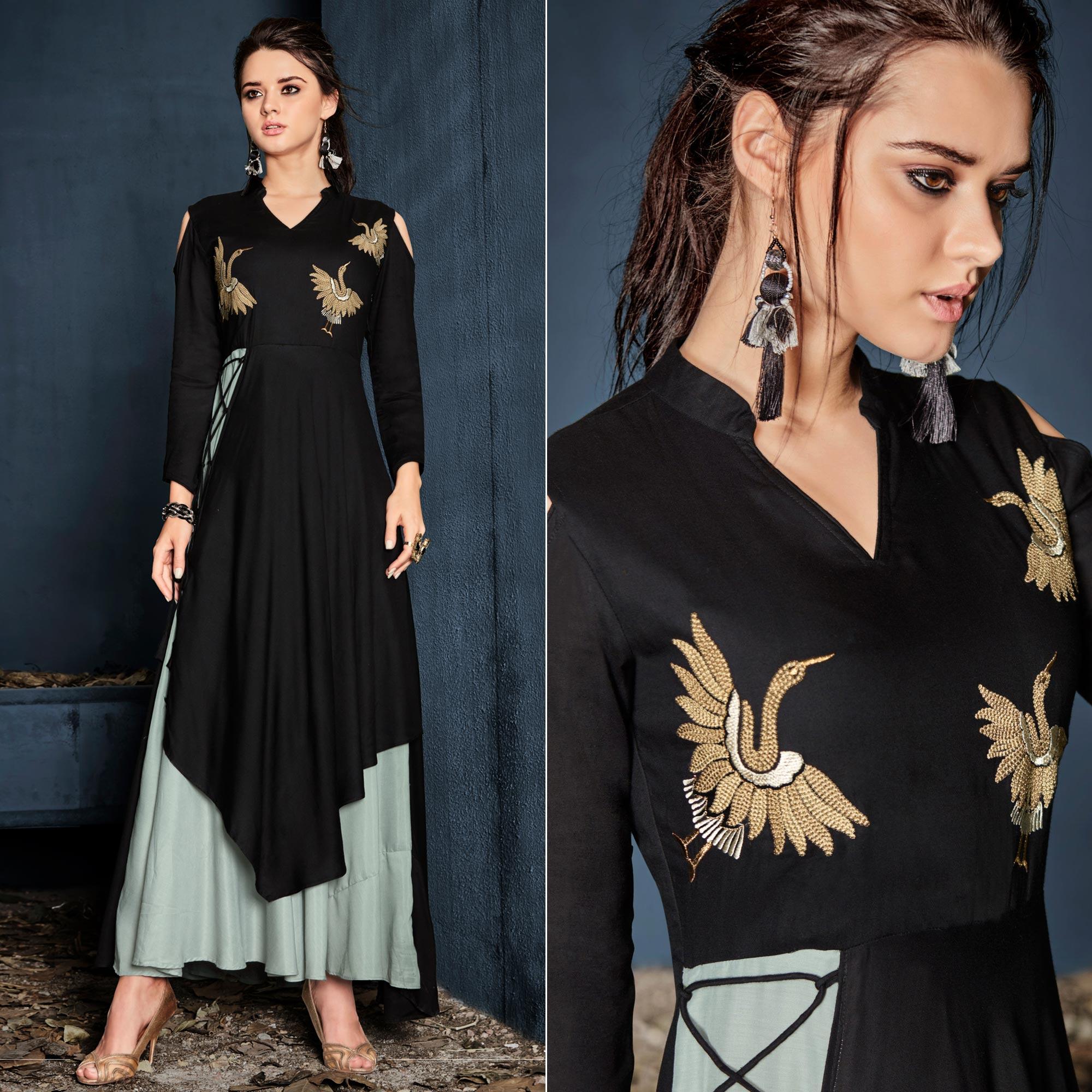 Black Floral Embroidered Rayon Long Kurti - Peachmode